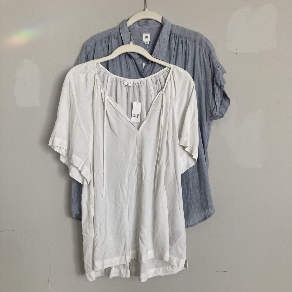 NEW Gap Short Sleeve Blouses LARGE Cotton Lightweight Blue White Minimalist